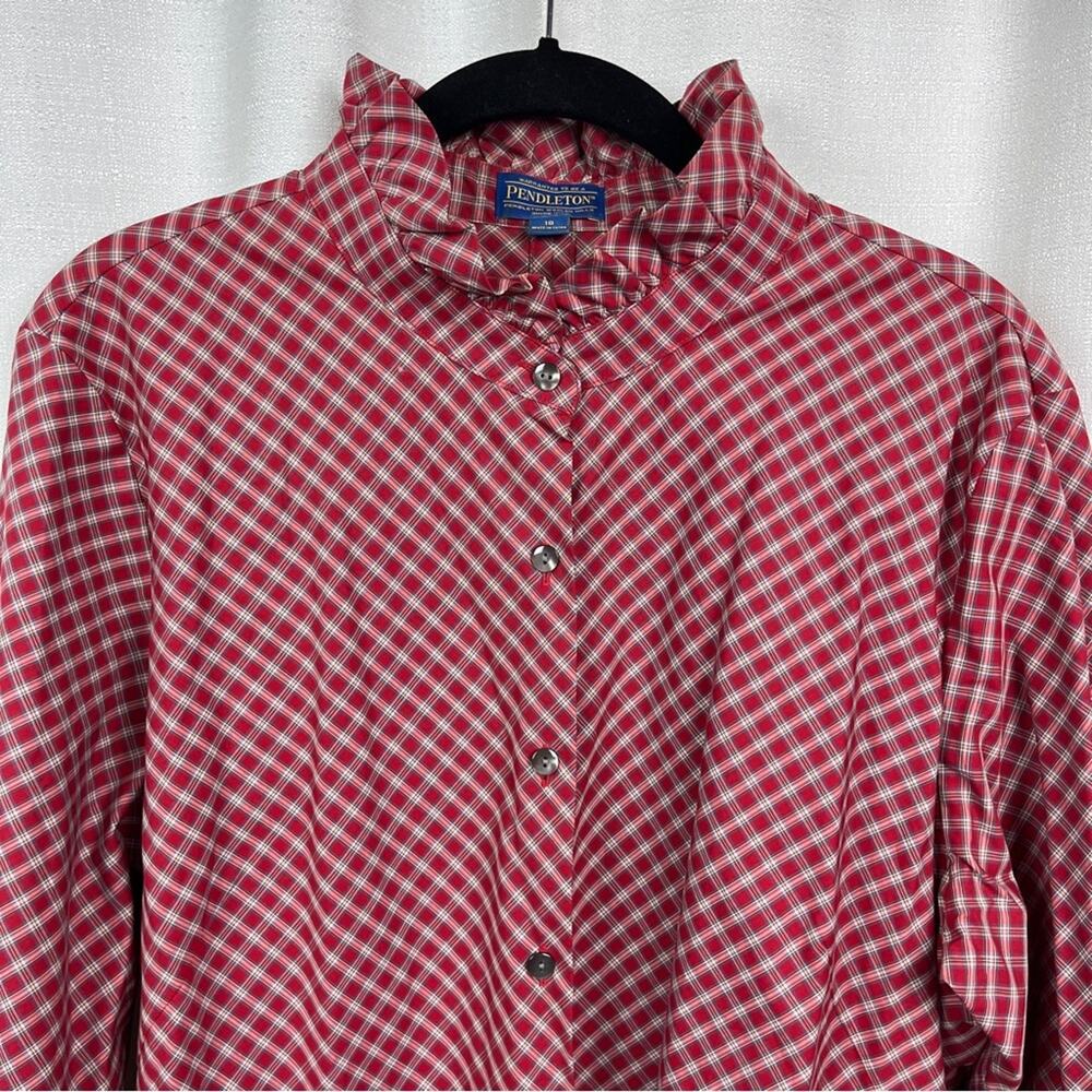 Pendleton Red Plaid Ruffle Collar Long Sleeve Button Up Blouse Sz.18 - Picture 3 of 12